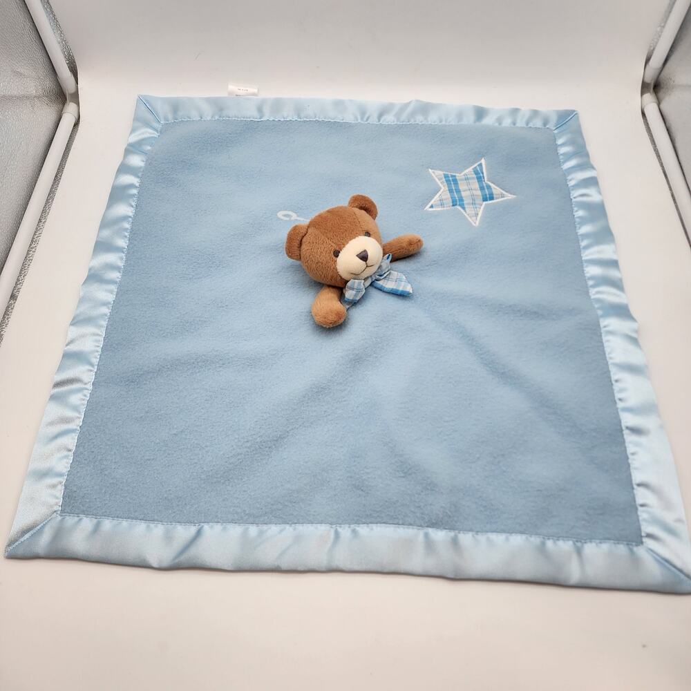 Carter Tykes Brown Bear Lovey Security Blanket Plush 19x19 Blue Satin Trim Star